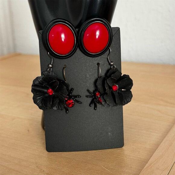 Black Widow Spider Flower Dangle Stud Earrings Set Red Gemstone Halloween Gothic - Picture 2 of 8